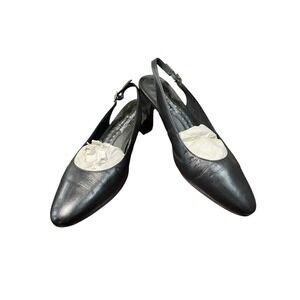 Walking Cradles Black Leather Slingback Pointed Toe Block Heel Pumps Women's